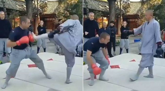 Un monje shaolín derriba de una patada en la cara a un luchador de MMA