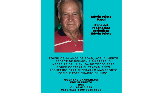 Padre del periodista Edwin Prieto necesita ayuda para superar el COVID-19