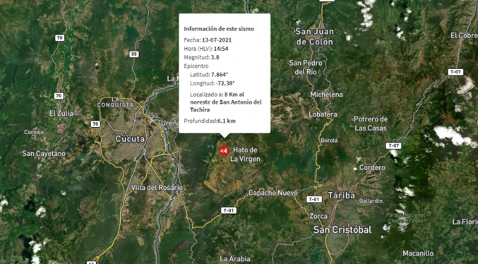 Registran sismo de magnitud 3,8 al noreste de San Antonio del Táchira