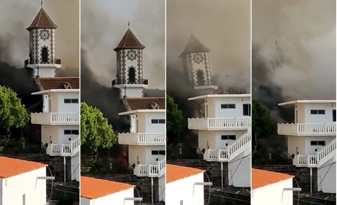 Colapsa el campanario de una iglesia por colada de lava de volcán de La Palma (Video)