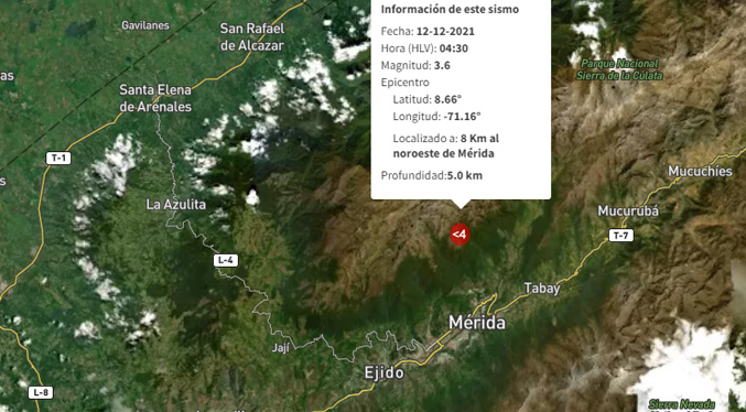 Funvisis reporta sismo de magnitud 3,6 en el estado Mérida