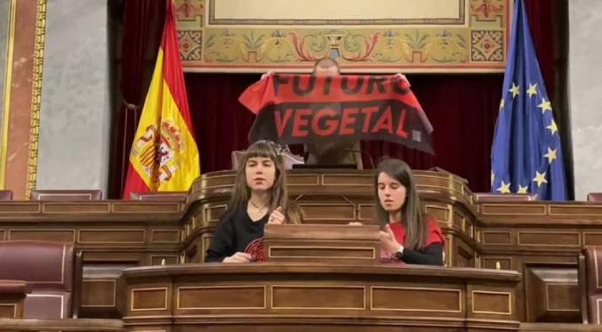Dos activistas por el clima pegan sus manos a los micrófonos del Congreso español