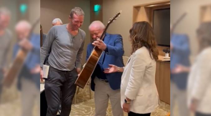 Líder de la banda Coldplay le regala una guitarra a Lula da Silva