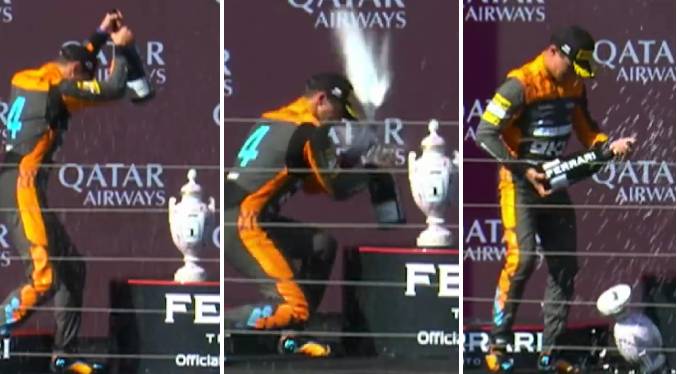 Viral: Lando Norris eufórico en el podio destroza el trofeo de ganador de Verstappen