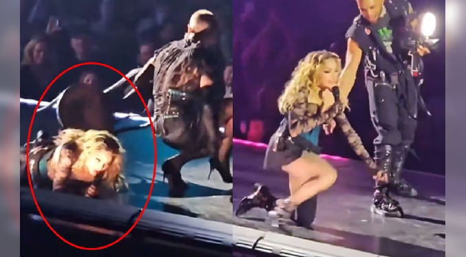 Madonna sufre tremenda caída arriba del escenario tras tropiezo de uno de sus bailarines