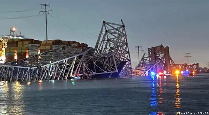 Colapsa puente en Baltimore tras colisión de carguero (Video)
