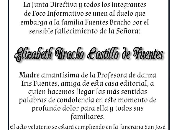 Nota de Duelo – Elizabeth Bracho Castillo de Fuentes – Foco Informativo