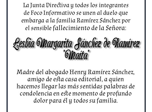 Nota de Duelo – Lesbia Sánchez de  Ramírez – Foco Informativo