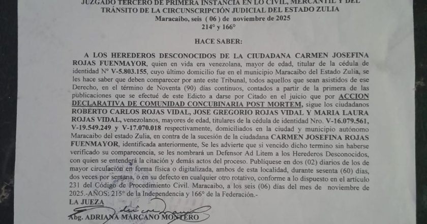Juzgado del Zulia emite notificación a herederos desconocidos de Carmen Rojas