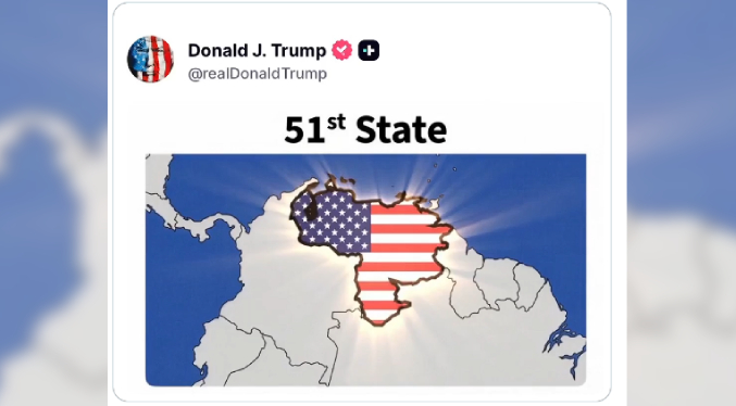 Trump comparte un mensaje en su red social de un mapa de Venezuela como estado 51 de EEUU