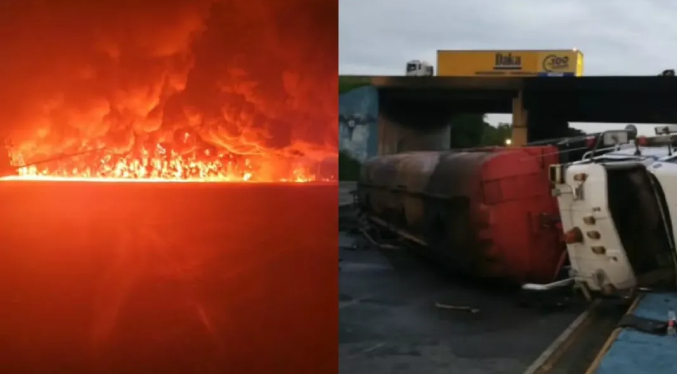 Gandola cargada de gasoil se volcó e incendió en la Troncal 5 de Carabobo